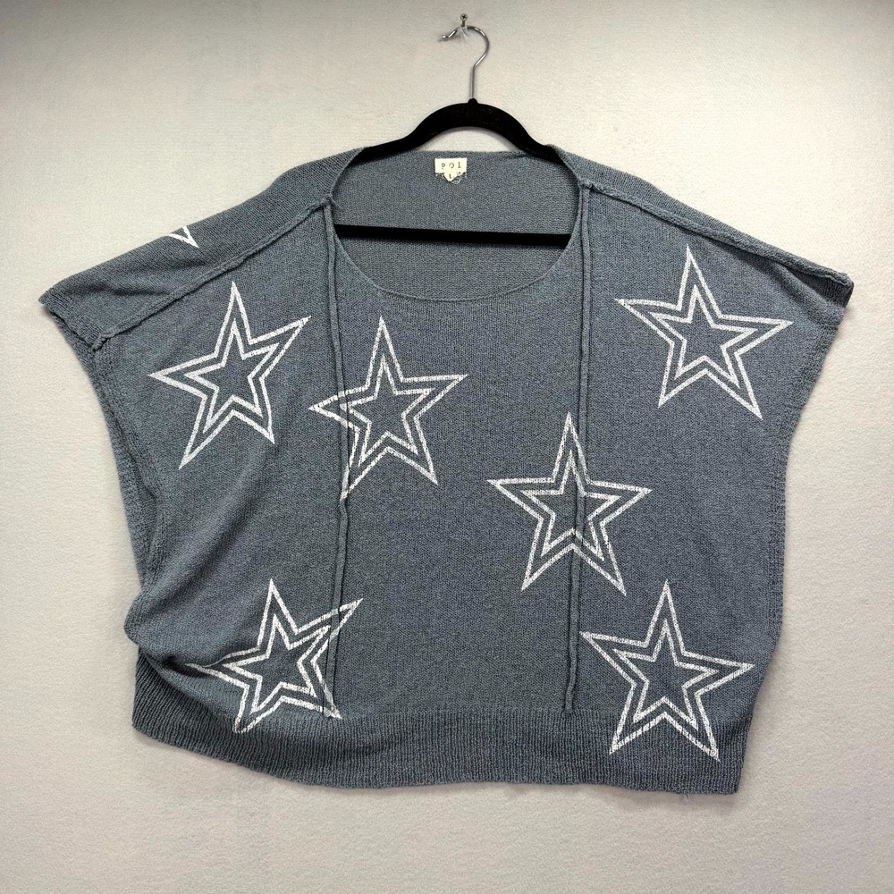 POL Tight-Knit Sweater Womens Large Gray White Star Print‎ Lightweight Oversized